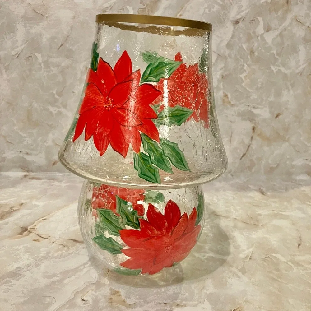 Yankee Candle Crackle Glass Poinsettia Lamp Set Votive Holder Hurricane Shade
